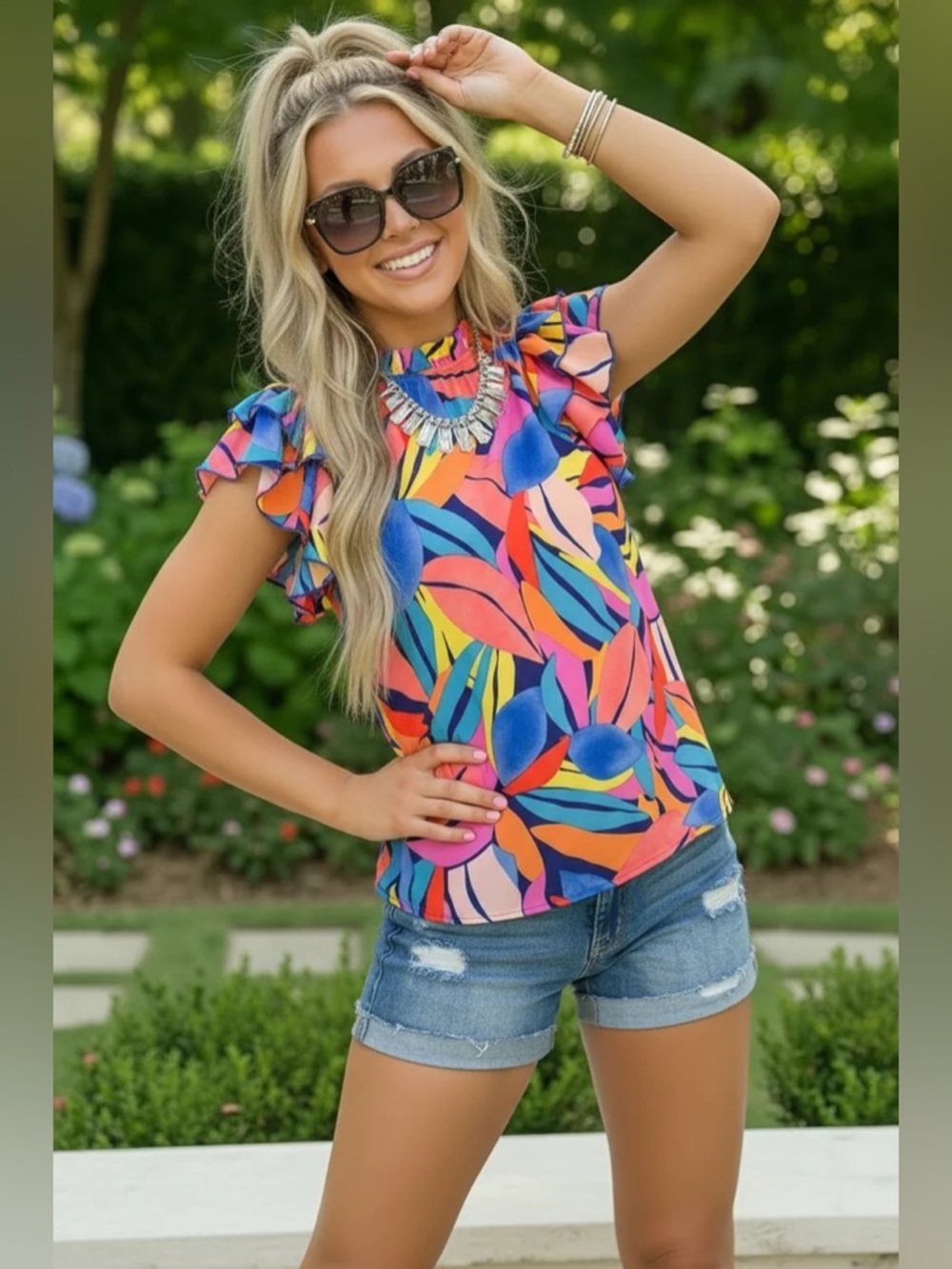 Tropical Leaf Print Mock Neck Flutter Sleeve Women’s Top